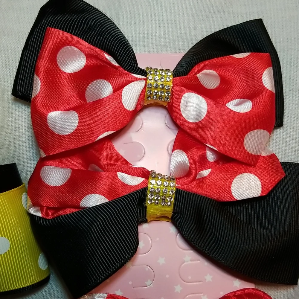 GIRLS MOUSE EARS 6' BOW WITH SEQUINS SET OF PEARL MOUSE CLIPS 4 BOWS - Picture 2 of 10